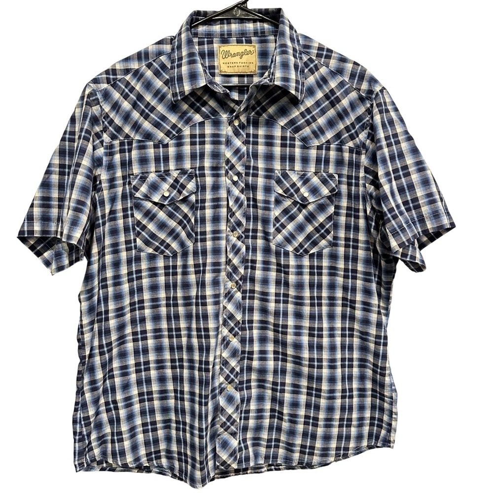 Wrangler Western Fashion Short Sleeve Plaid Pearl Snap Shirt Men's XL Blue Black